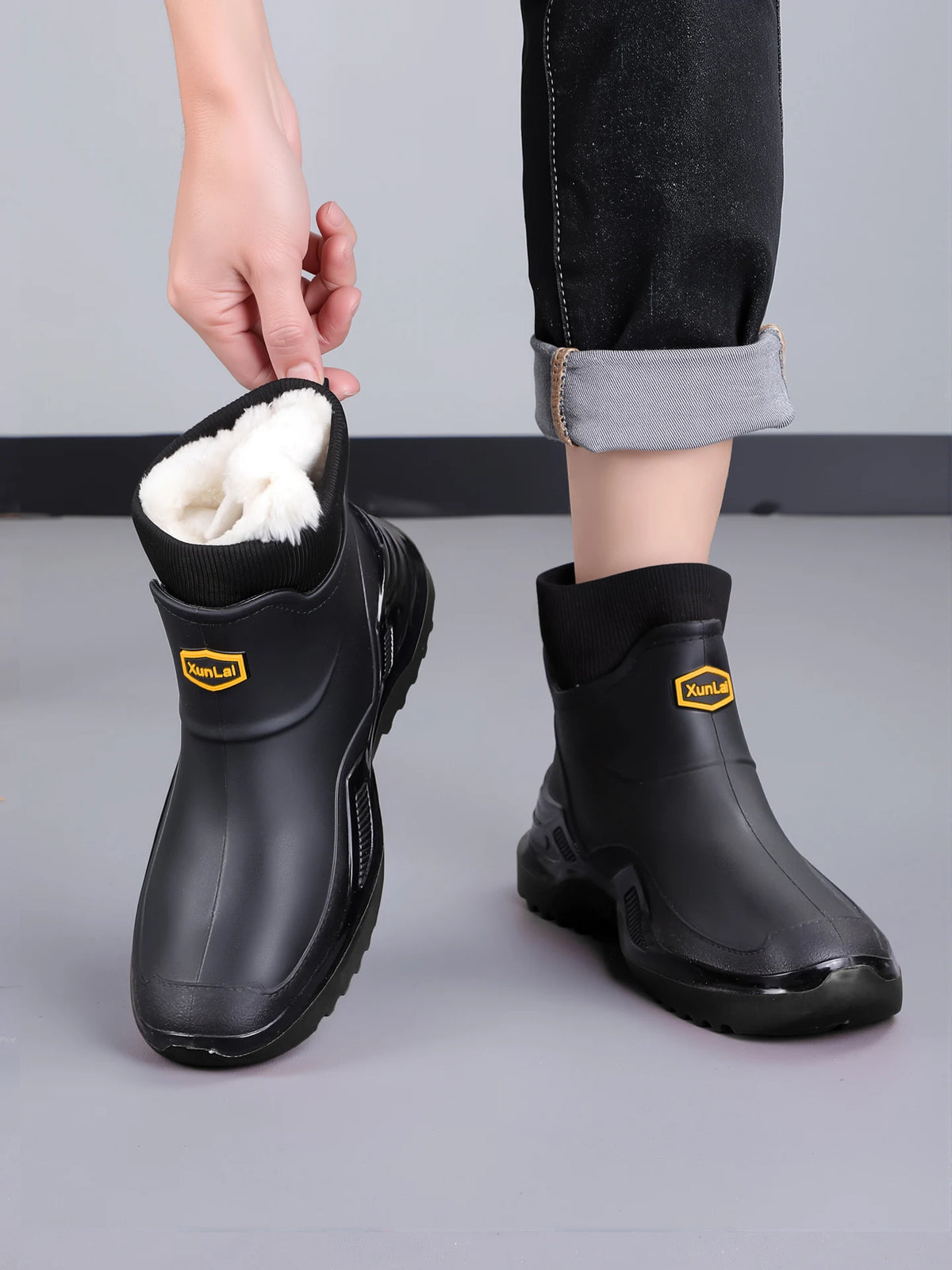 Men Women Winter Waterproof Rain Boots Fleece Warm Snow Sock Cuff Anti Slip Ankle Boots Outdoor Work Garden Shoes Size 36-46