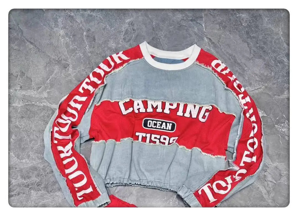 ANJY Autumn Women European Trendy Street Denim T-Shirt Personalized Letter Print Drawstring O-Neck Long Sleeve Sweatshirt A10809