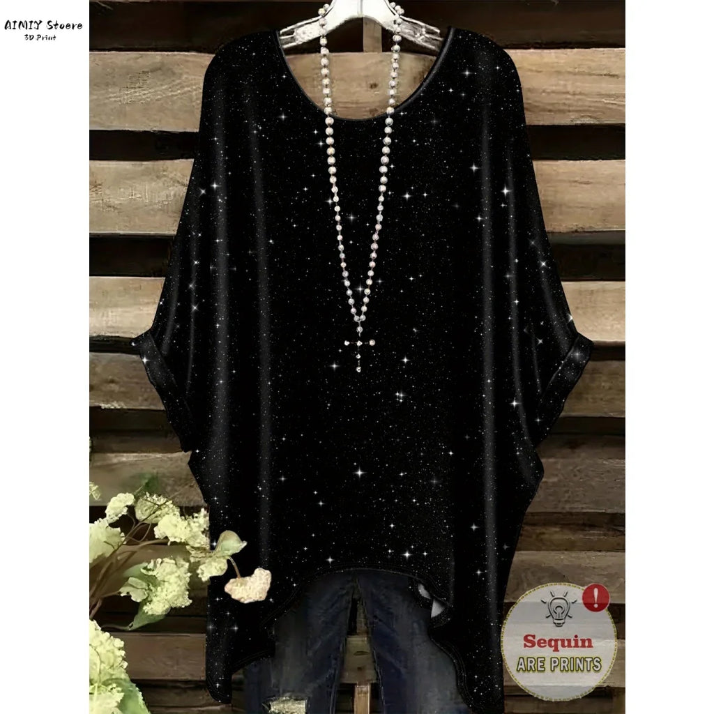 Women's Elegant Bohemian Starry Night Print T-Shirt White All-Over Dots with Asymmetrical Hem, Round Neck Casual Fashion Women