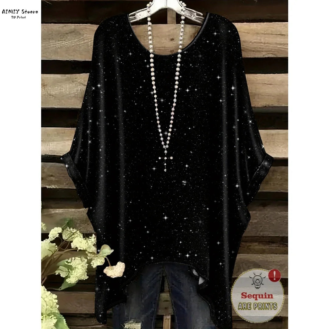Women's Elegant Bohemian Starry Night Print T-Shirt White All-Over Dots with Asymmetrical Hem, Round Neck Casual Fashion Women