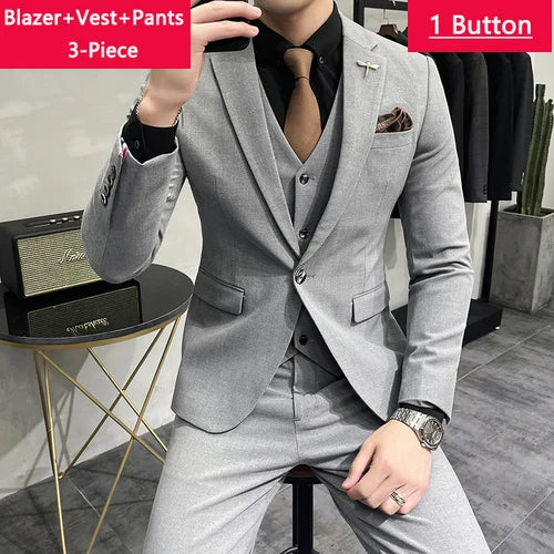 Blazer Vest Pants Men's Navy Blue Suit Set Slim Fit Blazer Vest Pants Formal Outfit for Business Wedding Office Groom Party