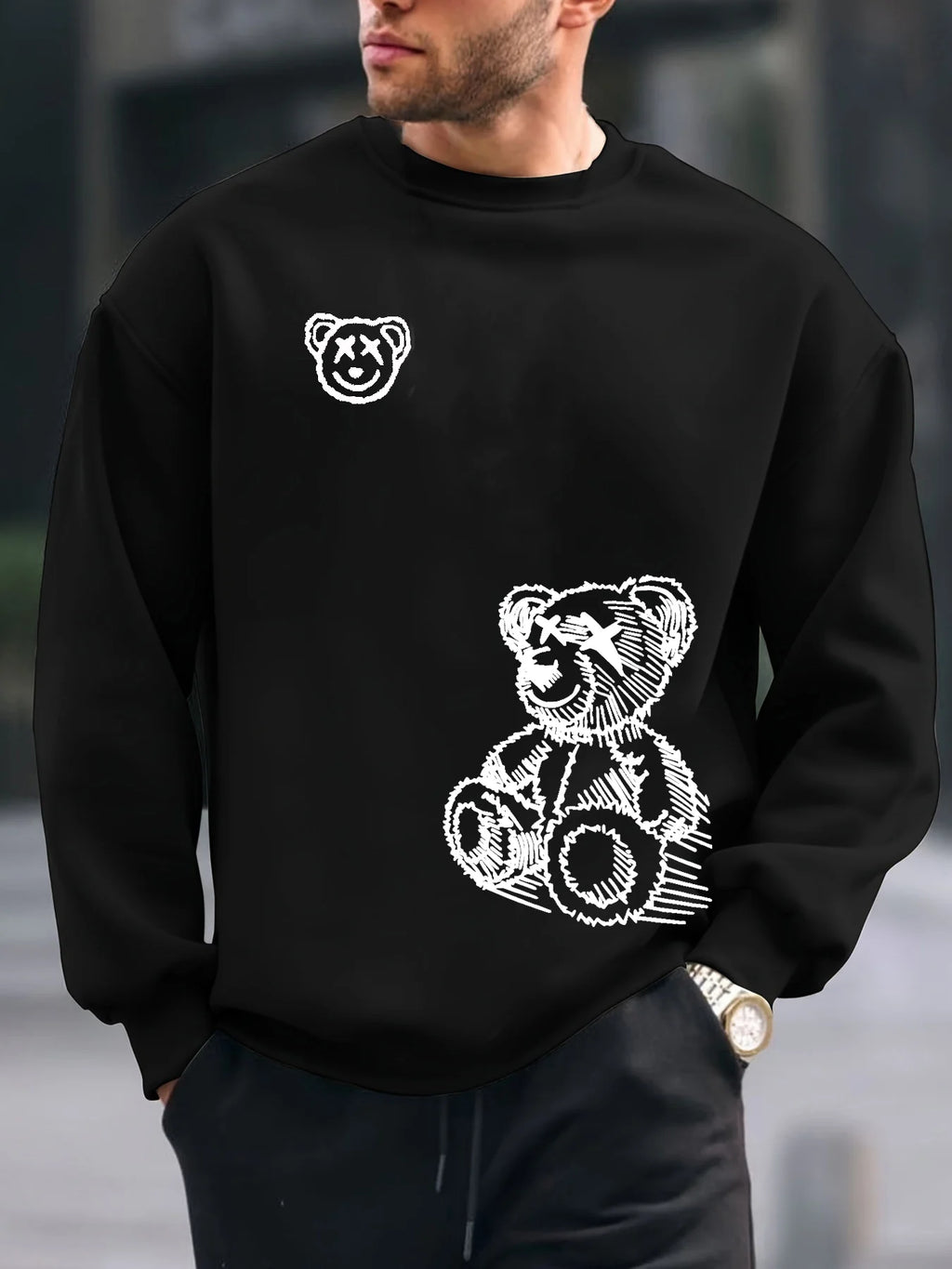 Men's autumn and winter fashionable casual loose cartoon bear graphic printed long sleeved round neck sweatshirt