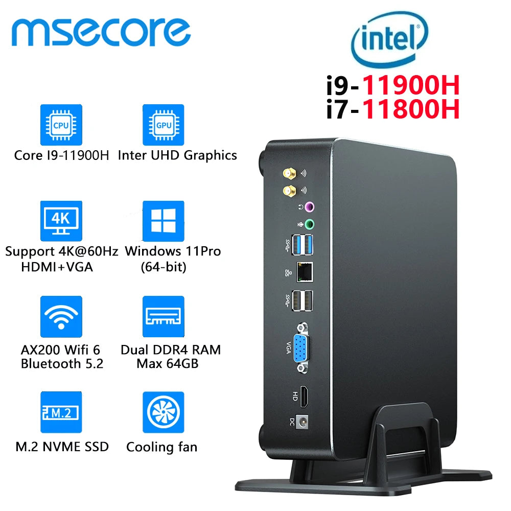MSECORE Intel I9-11900H Mini PC Windows 11 Gaming Desktop Computer Portable PC Office HTPC Barebone System NVME 4K WIFI6E BT5.3