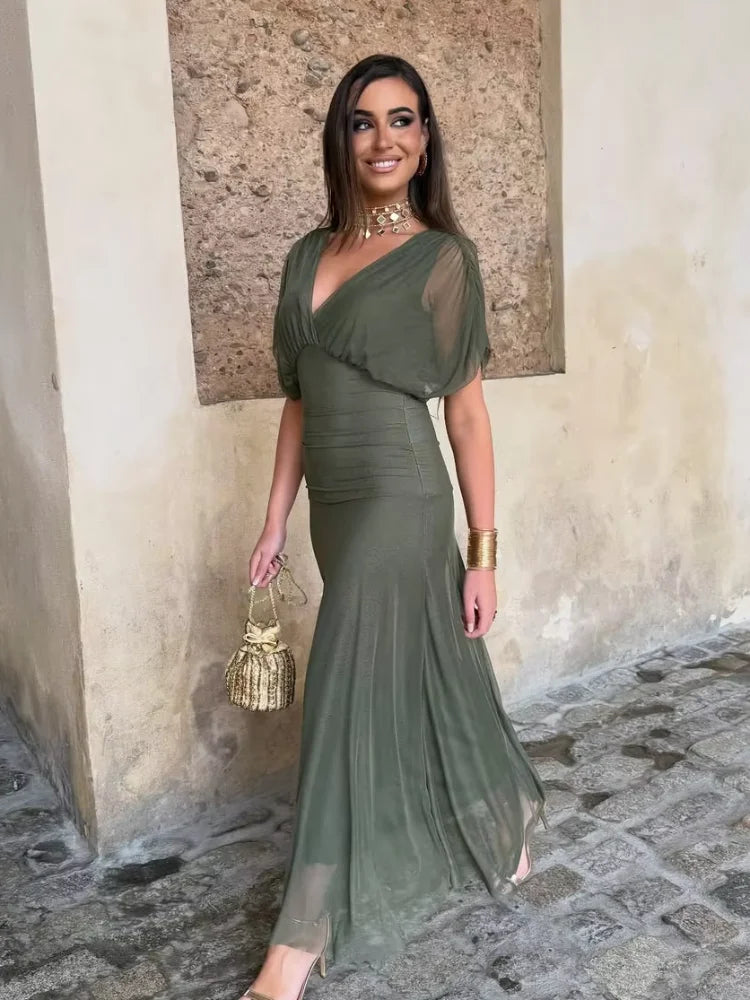 Women Solid Deep V-neck Mesh Long Dress Elegant Puff Short Sleeve Ruched Waist High Vestidos 2026 Summer Lady Casual Street Robe