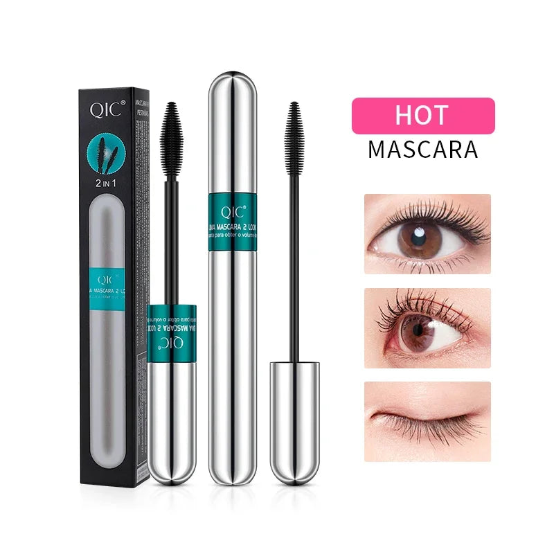 2-in-1 Double-Ended 4D Silk Fiber Mascara Quick Dry Waterproof Thick Curling Silver Tube Eyelash Mascara for Instant Volume
