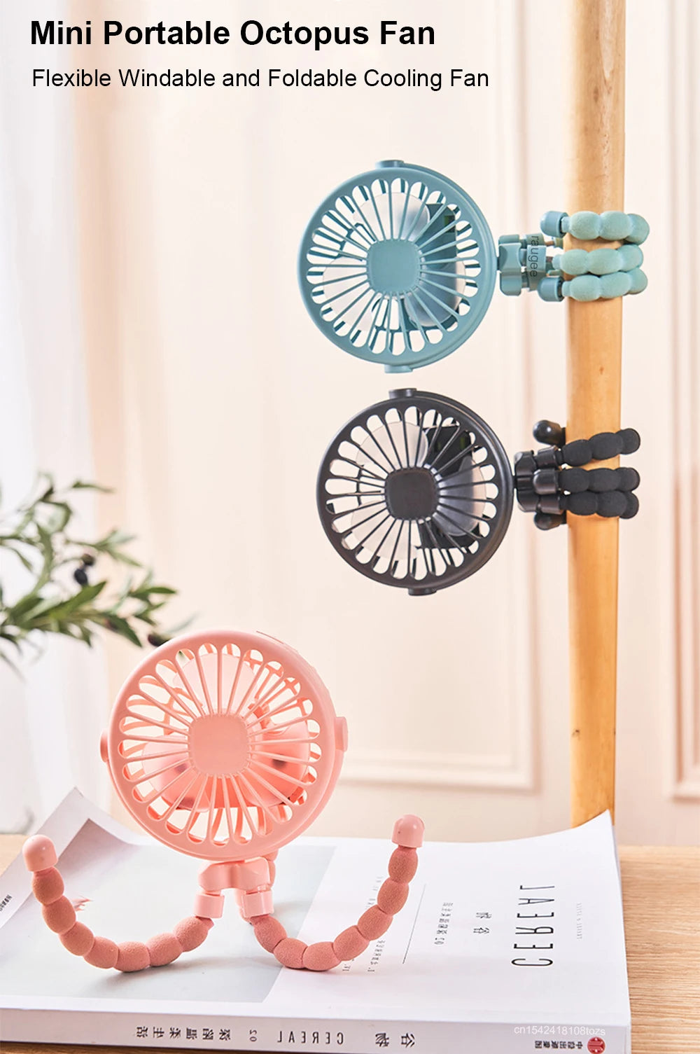 Baby Stroller Fan Folding Portable Octopus Mini Fan USB Rechargeable 3 Speed HandHeld Small Fan Flexible Tripod for Baby Outdoor