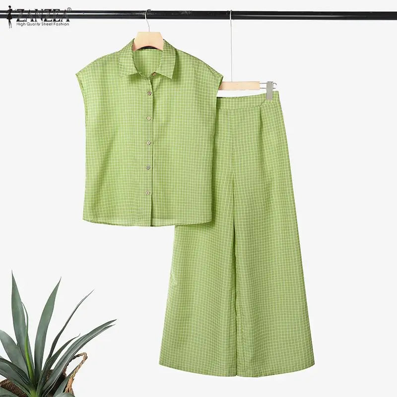 2026 ZANZEA Summer 2 Pieces Sets Elegant Lapel Neck Sleeveless Shirt Pant Sets Plaid Tracksuit Stylish Women OL Work Outfits
