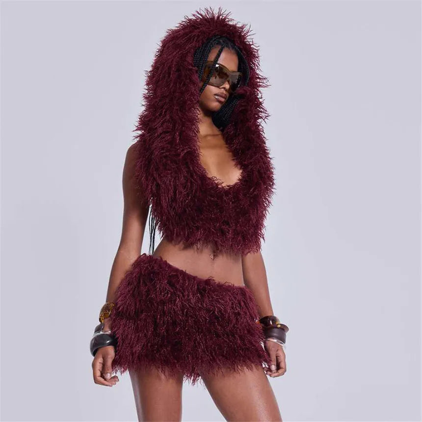 2026 Fall Winter Fashion Faux Fur 2 Piece Set Women Lace Up Backless Hooded Tank Tops + Bodycon Mini Skirts Casual Street Suits