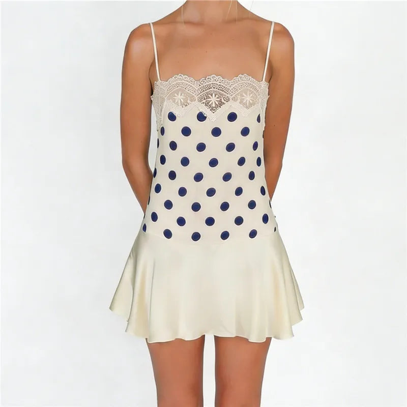 Women Y2K Polka Dot Cami Dress Lace Trim Spaghetti Strap Satin Ruffle Hem Bodycon Mini Dress Summer Casual Streetwear