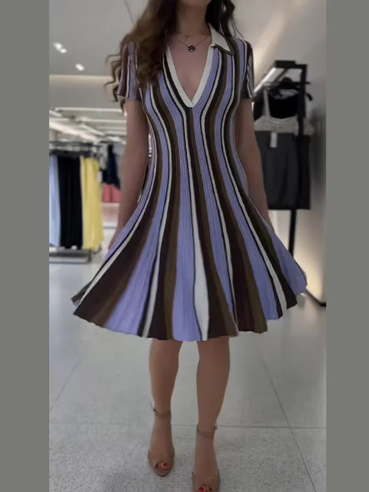 Brown Striped Polo Collar Knitted Short Sleeves Dress V-neckline Waist Cinching Flared Hem Mini Dresses Women Daily Casual Robes
