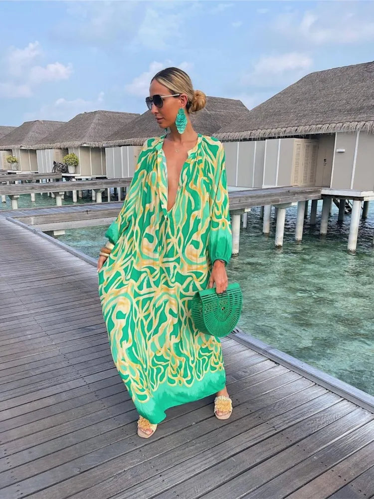 Autumn Women's Print Casual Dress New Fashion V-neck Long Sleeve Loose Holiday Party Long Dresses For Women Robe Femme 2024