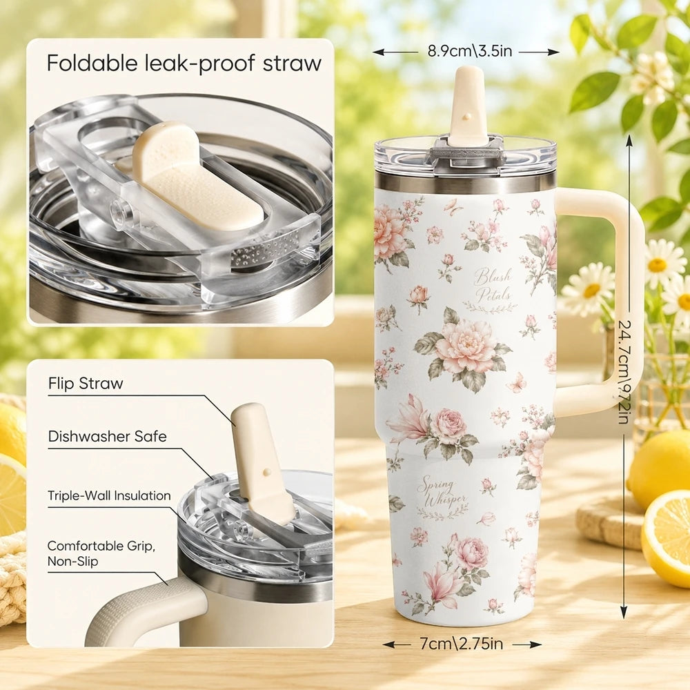 Vintage Floral Style Vacuum Flasks 40oz Stainless Steel Tumbler with Handle Straw Lid Vacuum Insulated Double Wall Leak Proof