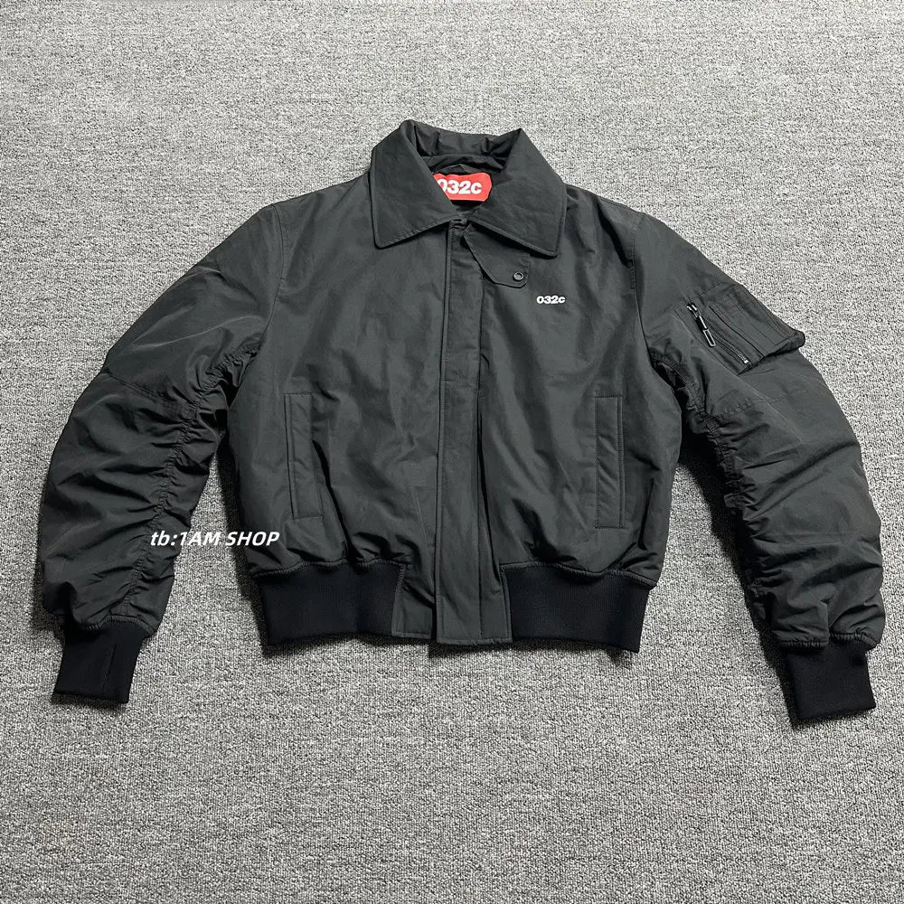 032C black silhouette short wide bomber zip multi pocket jacket