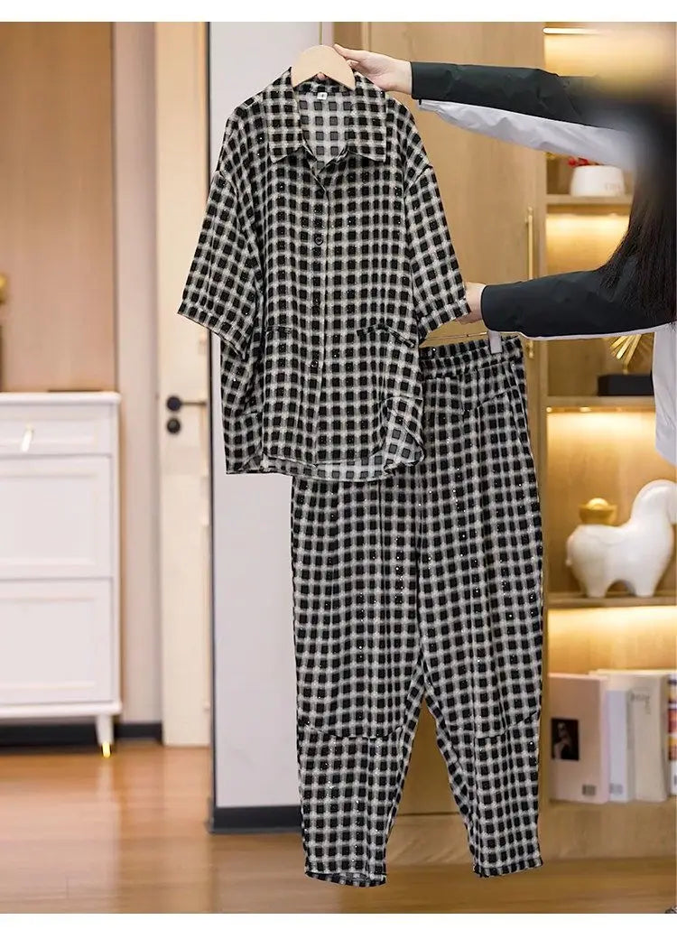plus Size Casual Plaid Short Sleeve Women's Set Summer New Fashion Loose Shirt Two Piece Set High Waist Long Pants