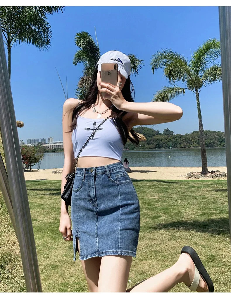 Denim Short Skirt Women's New Summer High Waist Split Half Body Retro Wrapped Hip Skirt  A-line Pant Skirt