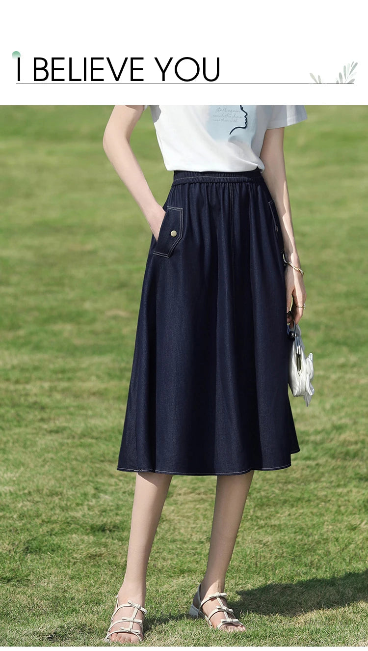 I BELIEVE YOU Dark Blue Denim Midi Skirt for Women 2026 Spring Elastic Waist Skirts Casual A-Line Skirt with Pockets 2261026207