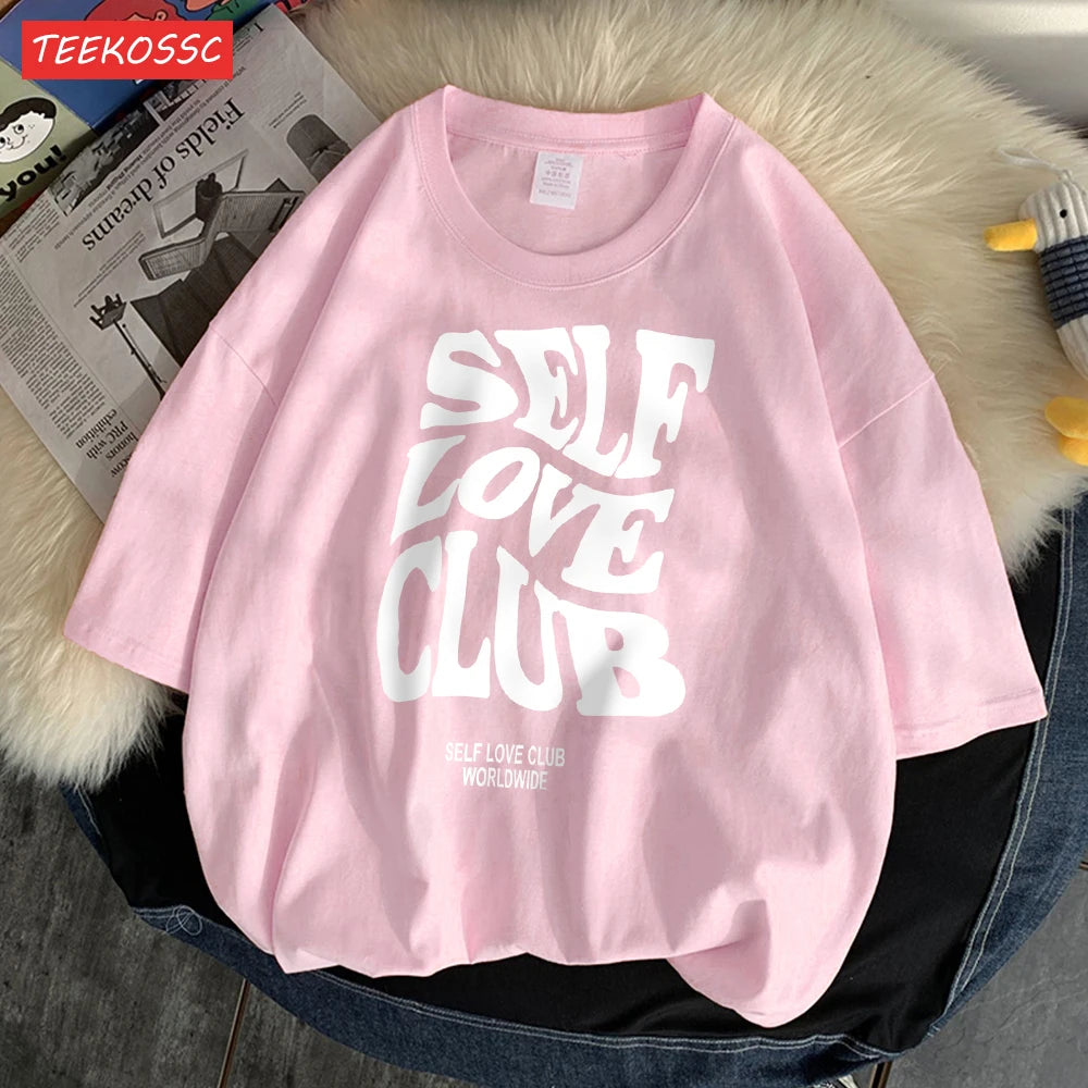 Self Love Club Worldwide Printed Tee Clothing Boy Versatile Funny Tees Aesthetic Pattern T-Shirt Oversized Design Clothing