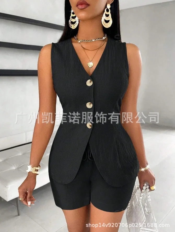 Women Fashion Casual Shorts Set Summer Vest Top Button Solid 2 Pieces Set Lace-up Pant Suits Womens Clothing Office Holiday 2025