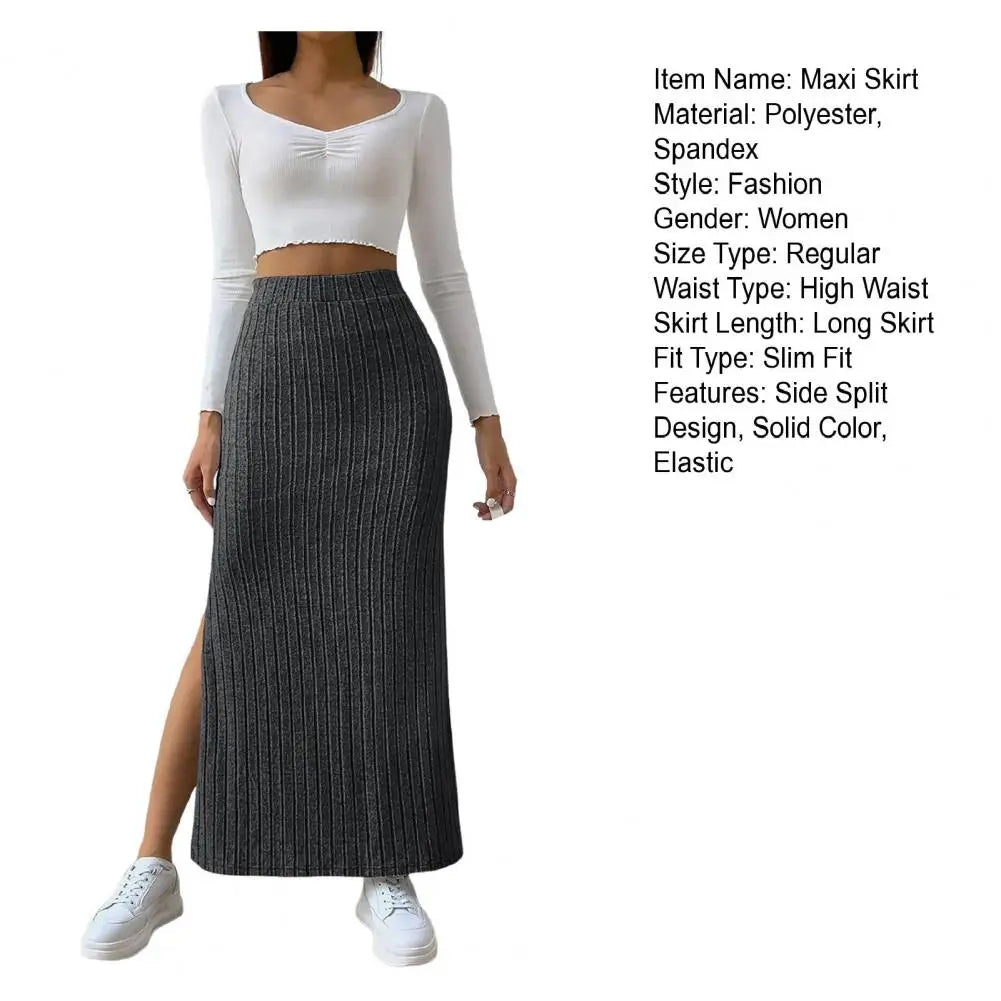 Long Skirt with Side Slits Breathable Maxi Skirt Elegant Ribbed Maxi Skirt with Side Slits High-waisted Solid Color for Autumn