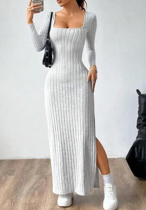 Womens Dresses 2026 Spring Autumn New Pit Stripe Square Collar Long Sleeve Sexy Backless Side Slit Slim Fit Daily Long Dress