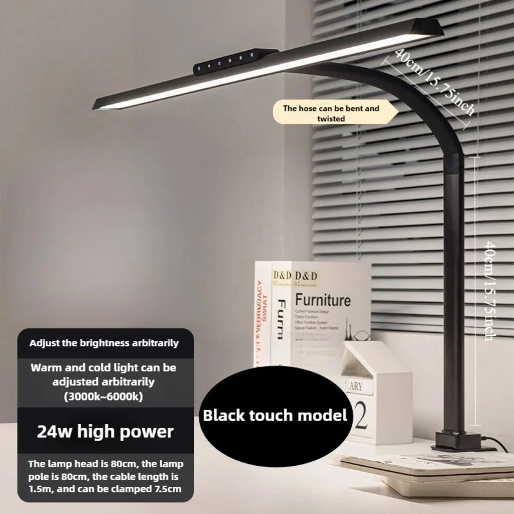 24W LED High Brightness Desk Lamp with Touch Remote Control Eye Protection Long Arm Clip-On for Student Computer Work Lighting