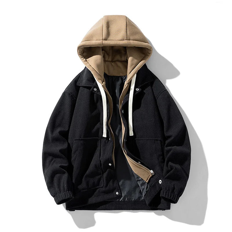 2025 New Corduroy Jacket Men's Harajuku Japanese Windproof Warm Fake Two-piece Hooded Coat Womens Casual Loose Pocket Jacket 4XL