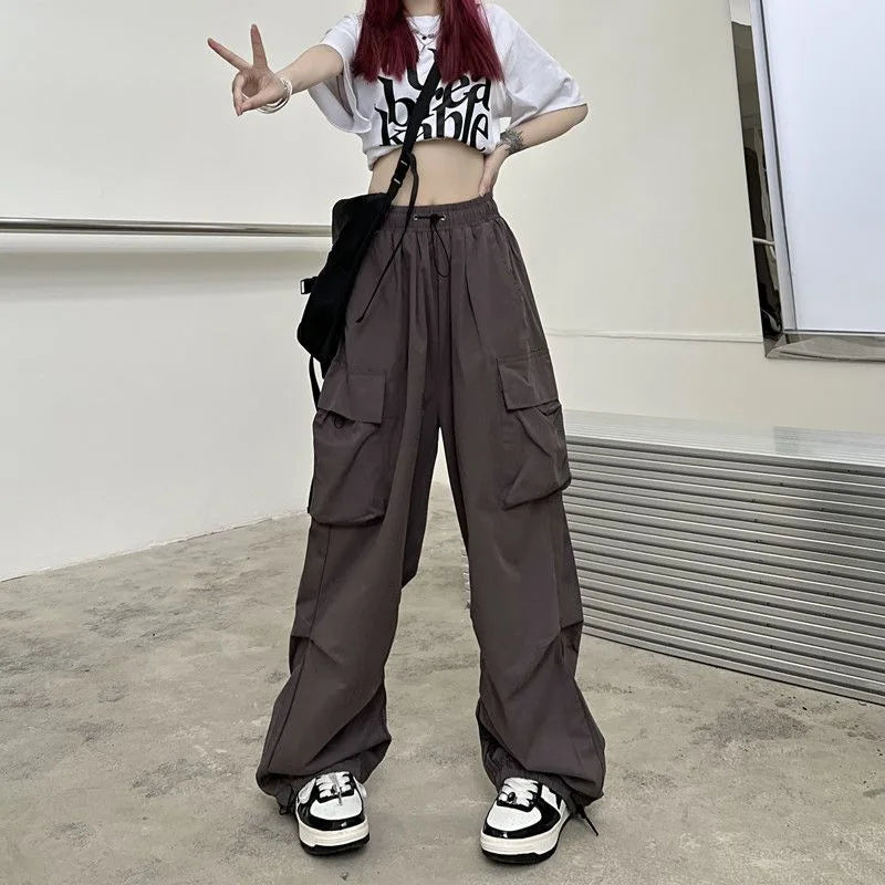 Women Streetwear Cargo Pants Elastic Waist Multi Pocket Loose Wide Leg Vintage Drawstring Casual Trousers