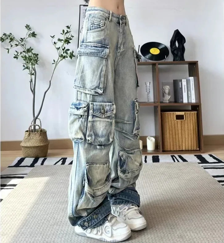 Jeans Women Denim Distressed Multi Pocket Y2k Streetwear Cargo Pants Casual High Waist Zipper Fly Winter Gradient Mom Jeans