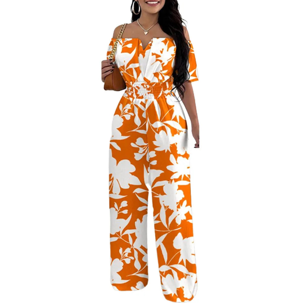Jumpsuits for Women 2025 Spring Fashion Off Shoulder Casual Plain Short Sleeve Shirred Waist Daily Long Wide Leg Jumpsuit 2025