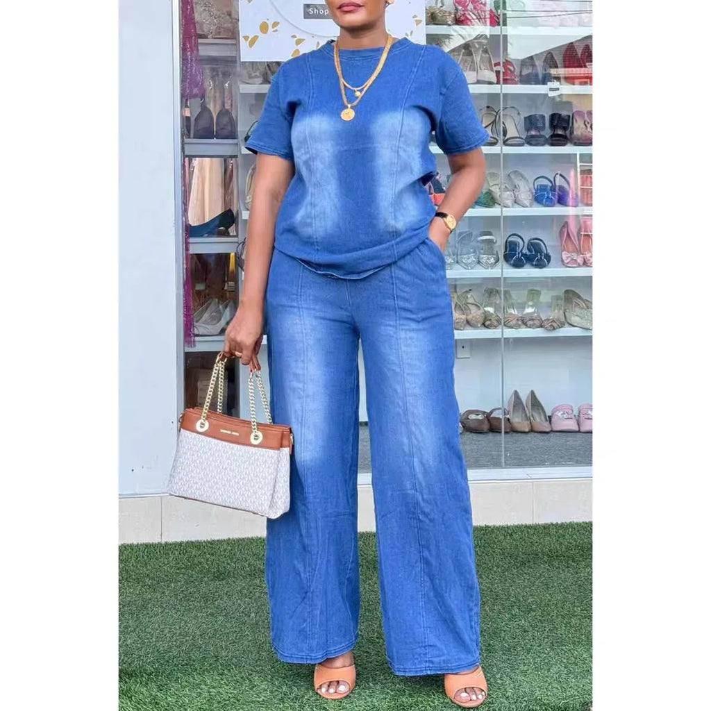 Women Pant Set Two Piece Sets Denim Round Neck Short Sleeve Tops Casual Loose Wide Leg Long Pants High Waist Y2k Streetwear