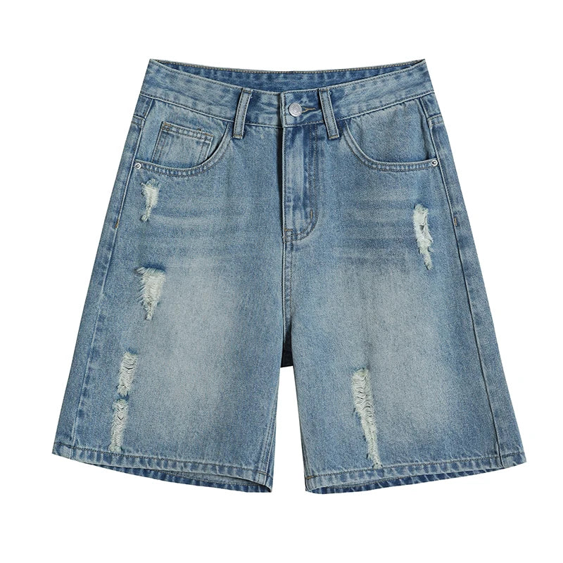 2026 Summer New Women Vintage Washed Ripped Denim Bermuda Shorts Loose Straight Five Points Casual Street Jeans