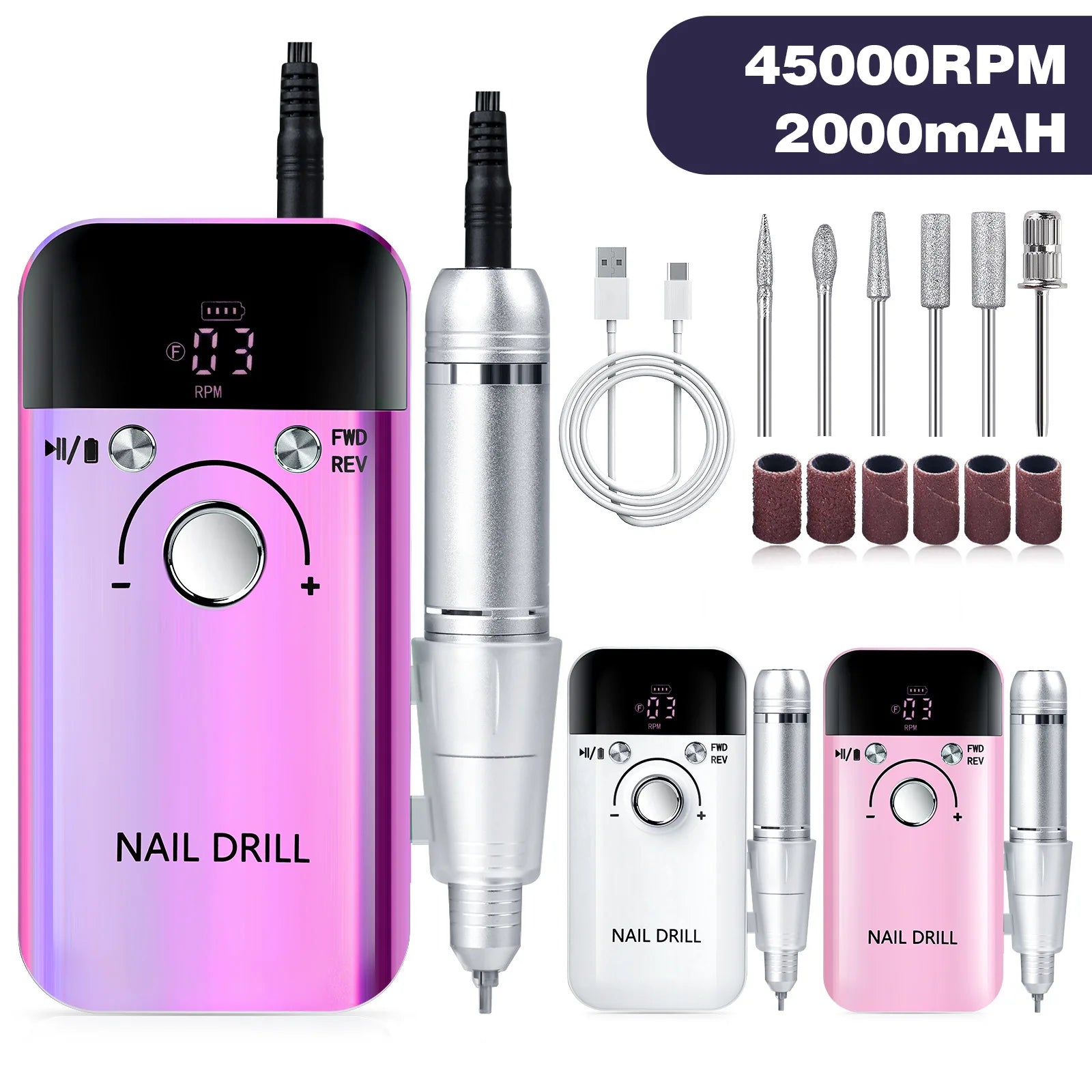 Professional Electric Nail Drill 45000 RPM Rechargeable Portable Manicure Pedicure Machine Kit with Bits