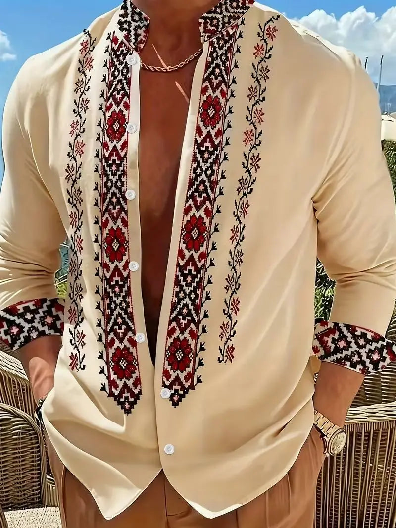 Men's Ethnic Embroidery Long Sleeved Shirt with Red and Black Floral Pattern, Comfortable and Fashionable Linen Long Shirt