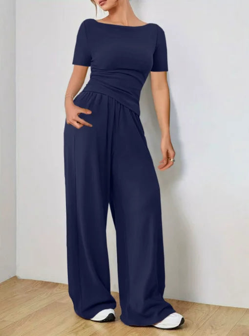 Trendy Slim Solid Color Trousers Suit For Women Simple Slim Irregular T-shirt Wide-leg Trousers Two-piece Casual Spring Suit
