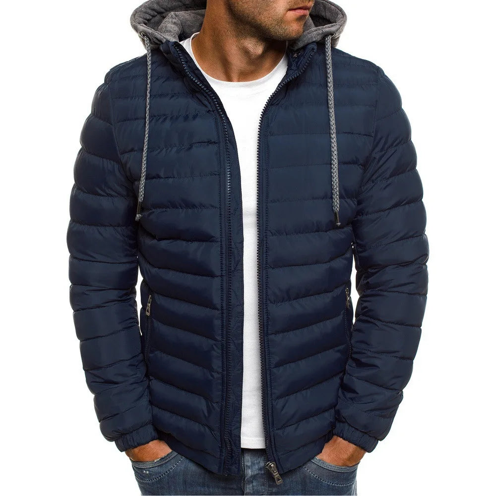 New men's cotton padded parka coat for autumn and winter men's solid color warm hooded zipper hooded coat