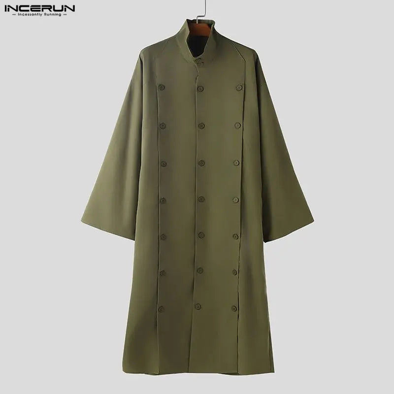 INCERUN Men Long Style Shirt Solid Stand Collar Long Sleeve Male Tops Camisas Streetwear Triple Breasted Fashion Men Clothing