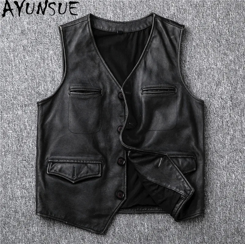 AYUNSUE Genuine Leather Jackets Mens Clothing Retro Cowhide Vest Black Jacket Fashion Short Vests Jaqueta De Couro Masculino