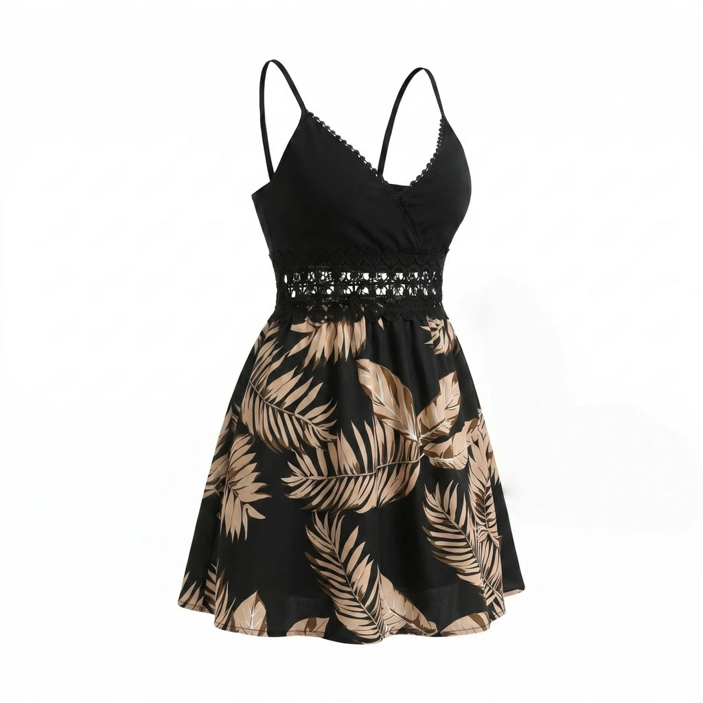 Women's Tropical Palm Print Cami Mini Dress V Neck Hollow Lace Waist Back Zipper Flowy Beach Sundress