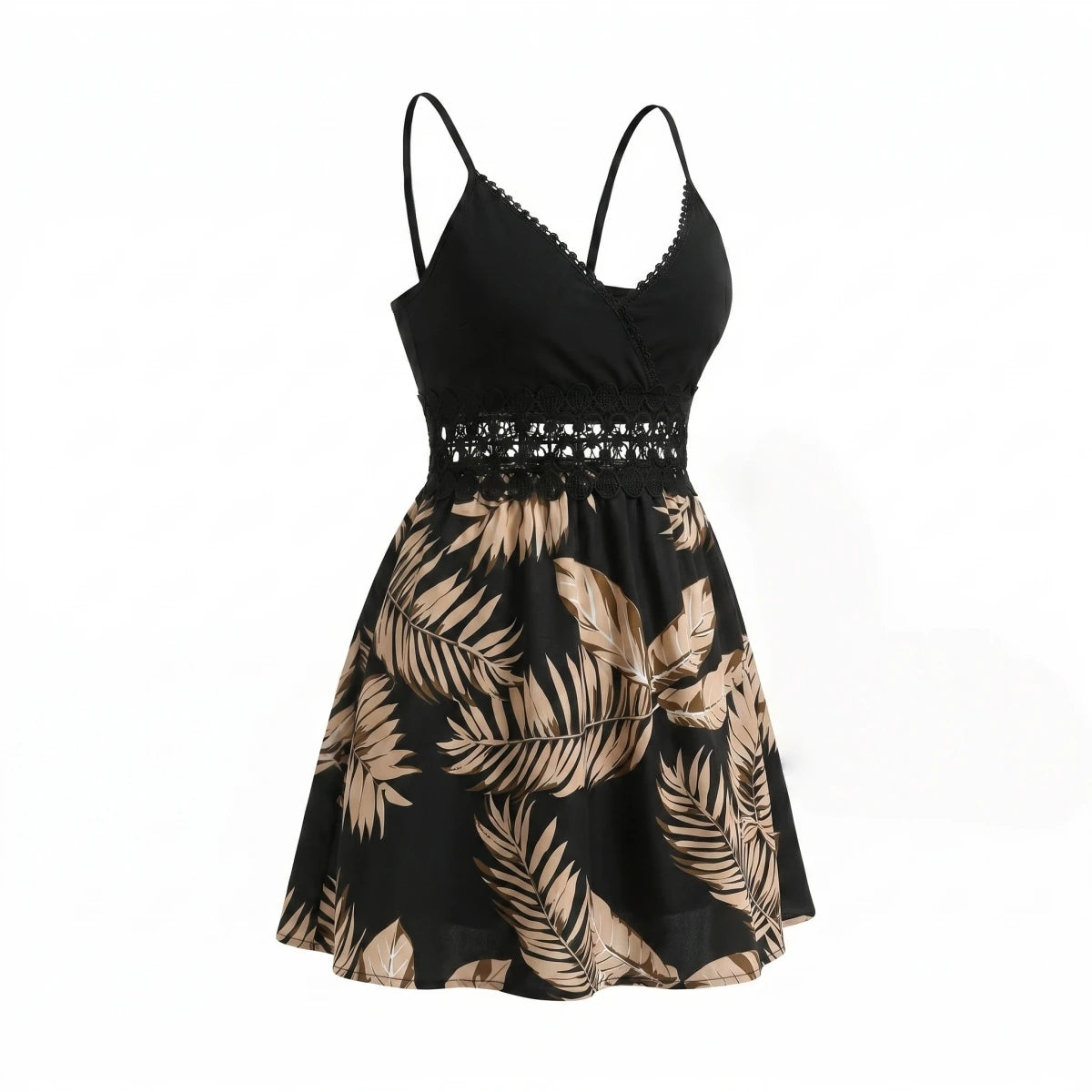 Women's Tropical Palm Print Cami Mini Dress V Neck Hollow Lace Waist Back Zipper Flowy Beach Sundress
