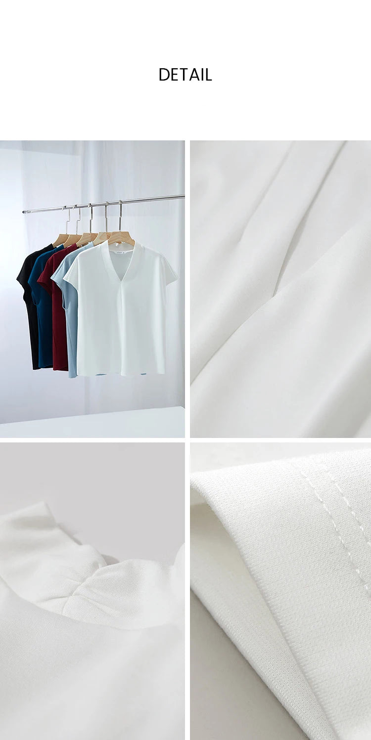 AMII Minimalism 2026 Summer Women's T-shirt Classic Style Casual V-neck Short Sleeve Solid Stretch Female Tops & Tees 12312013