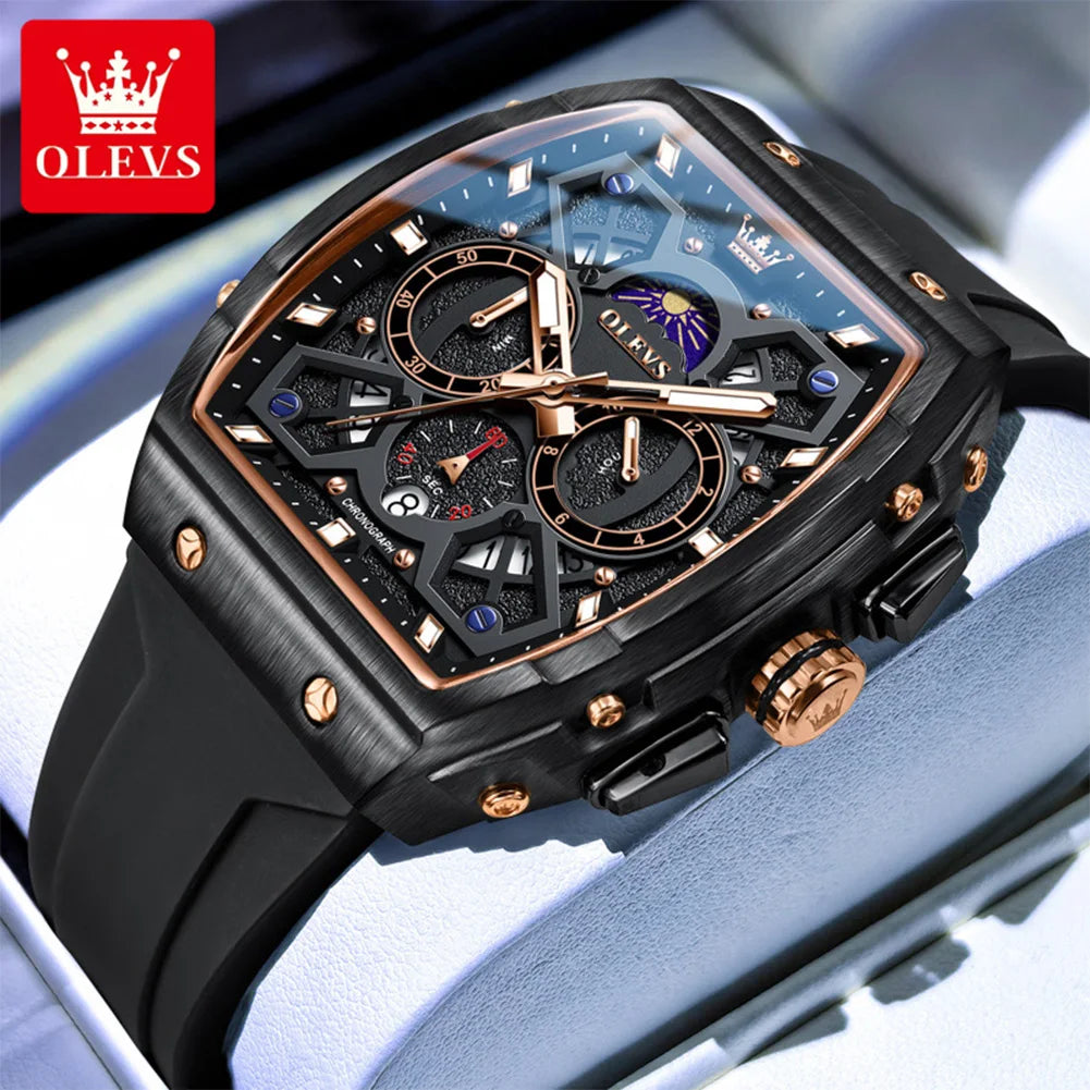 OLEVS 2942 Men Watch Automatic Calendar Waterproof Luminous Moonphase Watch Top Brand Tonneau Large Dial Hollow Men Quartz Watch