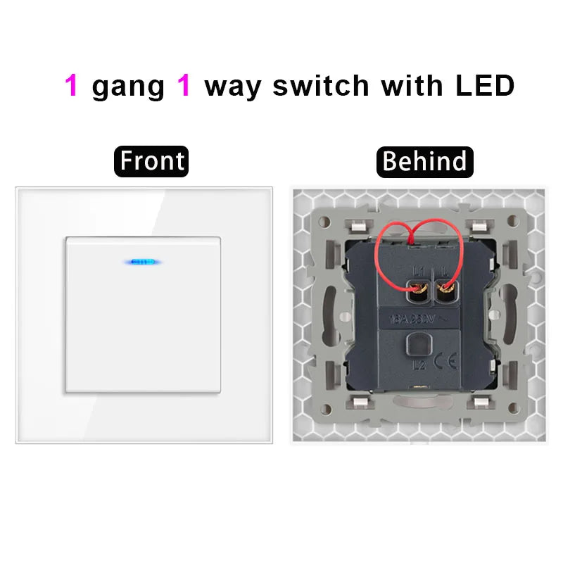 NYWP Luxury Crystal Tempered Glass Panel 1 Gang 2 Way Light Switch On / Off Wall Switch With LED Indicator 16A AC 250V