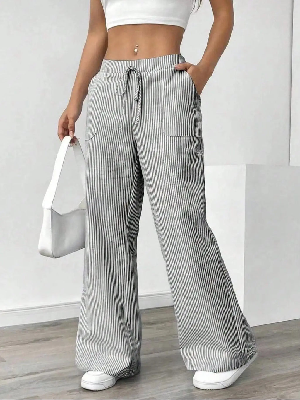 Summer new striped drawstring wide leg pants for women, high waisted, loose fit, slimming, casual straight leg, hanging pants