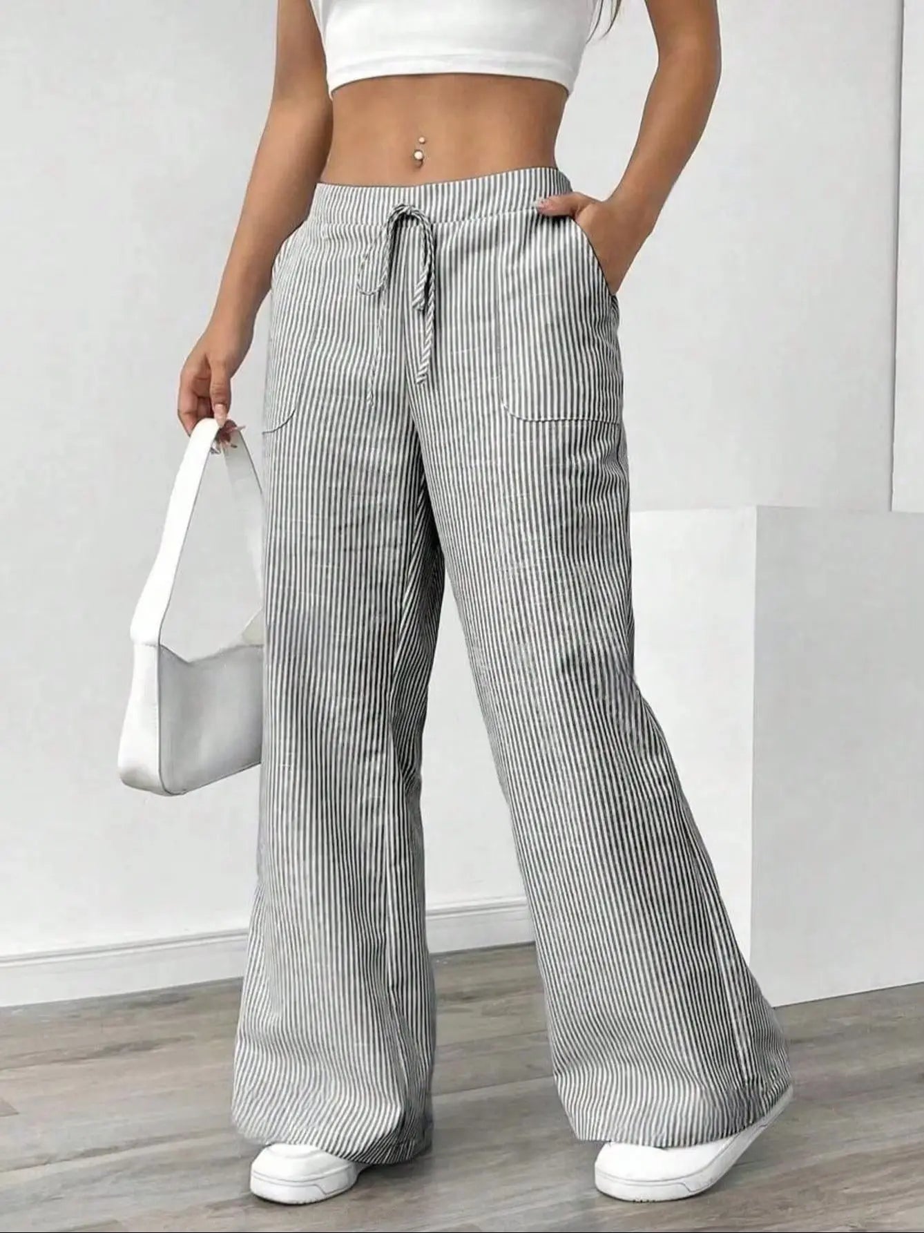Summer new striped drawstring wide leg pants for women, high waisted, loose fit, slimming, casual straight leg, hanging pants