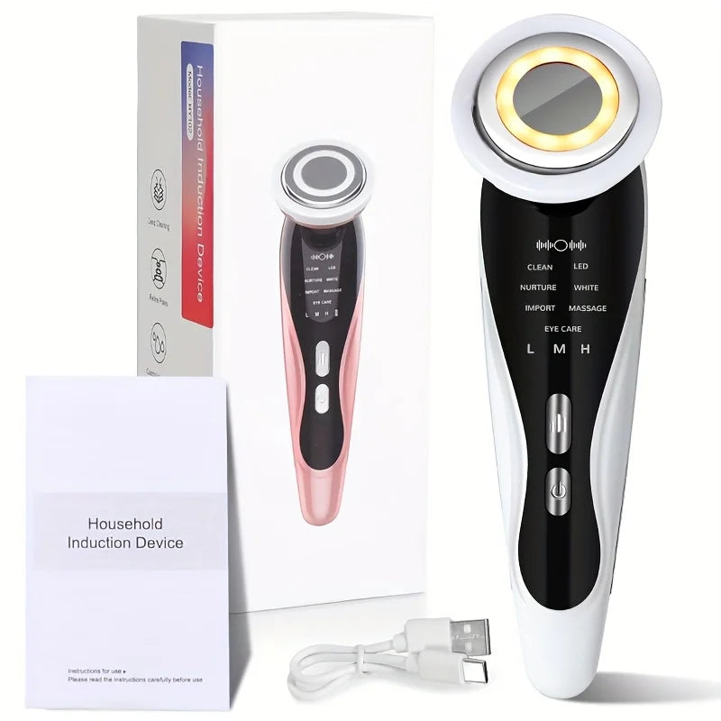 This handheld facial cleansing and beauty device, a USB rechargeable face and neck massager, is compact and portable, suitable f