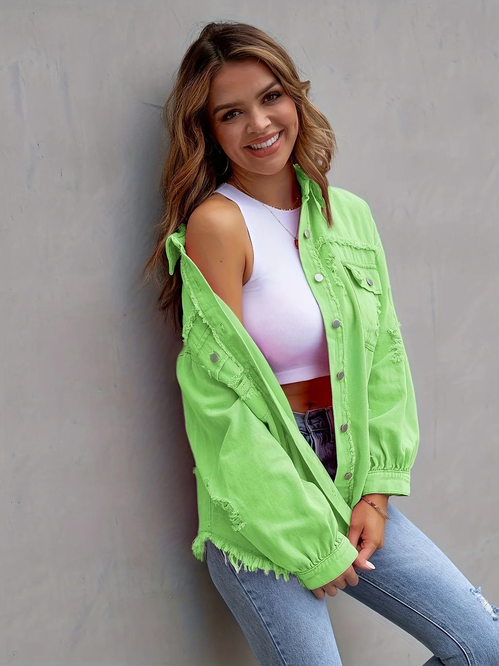 Women's Fashionable Solid Color Mid-Length Ripped Denim Jacket Long-Sleeved Spring Autumn Trend