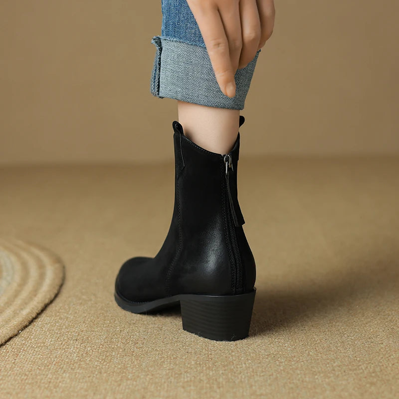 Fashion Short Boots Autumn Winter Basic Women Ankle Boots Genuine Leather Thick Heels Pointed Toe Mature New Arrival Boots Women