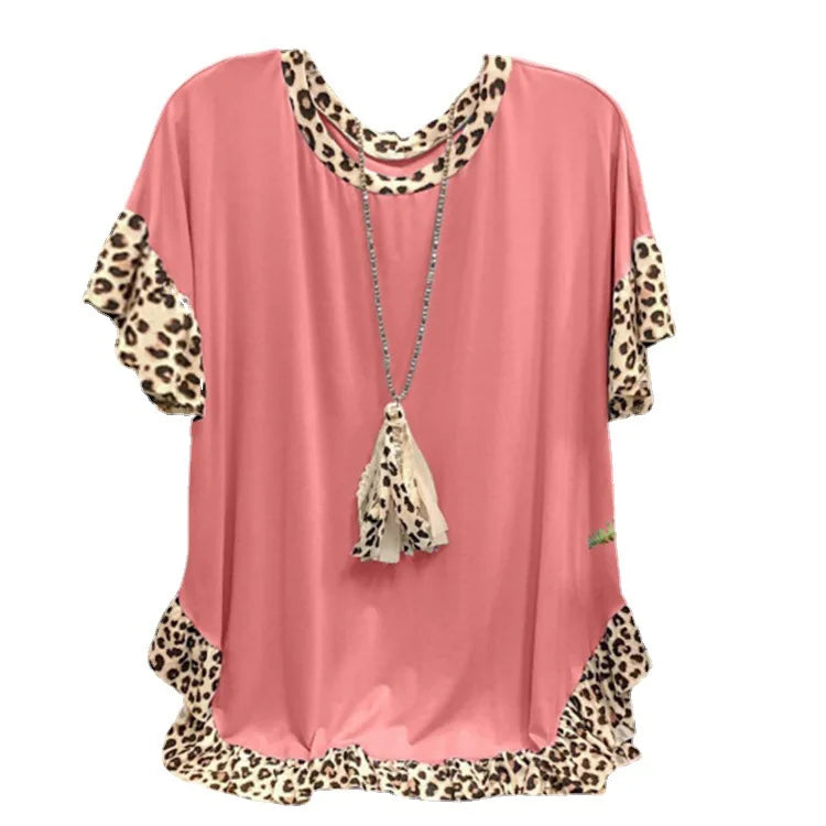 2026 New Women's Clothing, Leopard Print Splicing Short-sleeved Round Neck Loose Medium and Long Top T-shirt Women's Cw65684