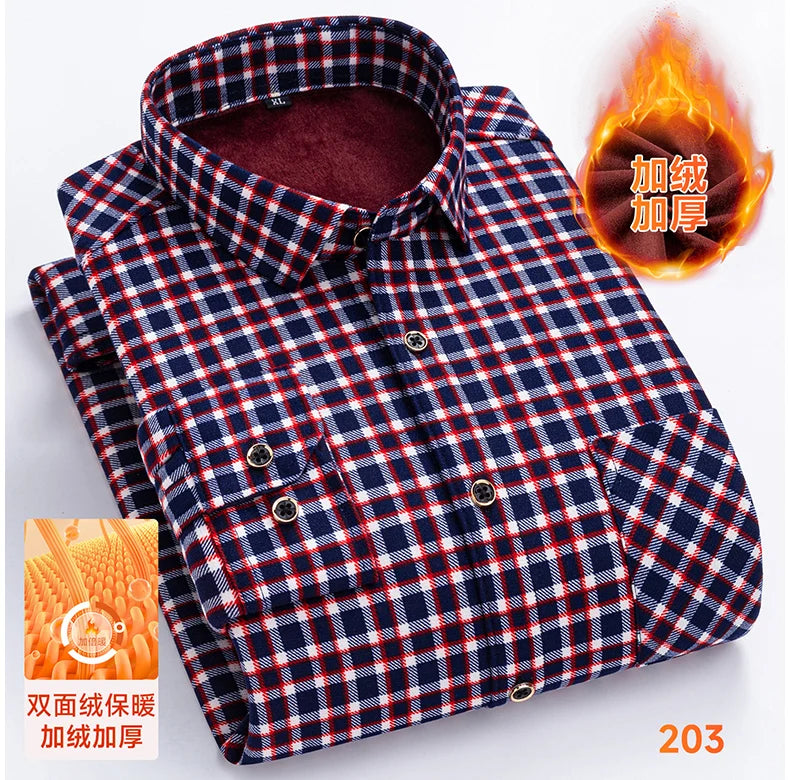2025 Men's Winter Warm Shirts Long Sleeve Plaid Print Flower Autumn Thickened Fleece Street Trend Casual Dress Shirts 8XL 7XL