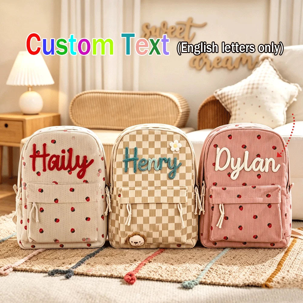 1pc Personalized Corduroy Backpack, Strawberry/Checkered Pattern, Simple and Spacious, Perfect Back-to-School Gift